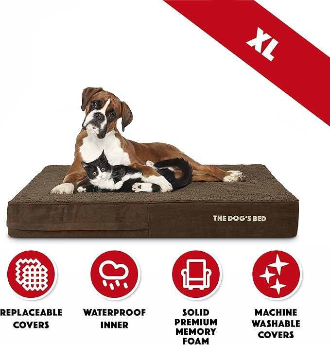 The Dog’s Bed Orthopedic Memory Foam Dog Bed for XL Dogs, Waterproof Washable Cover, Anti-Slip Base, Calming Surface – CertiPUR-Certified Foam, Brown Plush, 6 Inch Thick