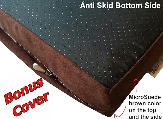 Dogbed4less Jumbo Orthopedic Memory Foam Dog Bed for Extra Large Dogs with Durable Green Canvas Cover, Waterproof Liner and Extra Brown Microsuede Antislip Pet Bed Duvet, Gel Cooling 55"X47"X4" Pad.
