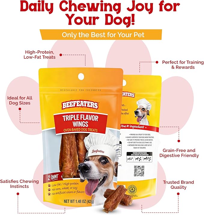 Beefeaters Triple Flavor Wings 1.48oz (Pack of 12) - Rawhide Dog Treats Wrapped with Real Chicken | Promotes Dental Health | Dog Food Long-Lasting Chew | Training Treats for All Dog Sizes