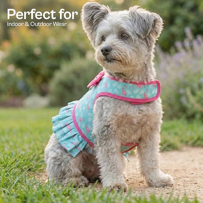 Parisian Pet Flamingo Dog Harness Dress - Breathable No Pull Puppy Dress with Leash Ring - 100% Mesh Fabric Harnesses for Dogs - Soft Padded Step in Pet Vest - All Weather Dog Harness Small Sized Dogs