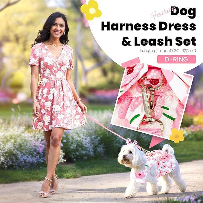 ABRRLO Cute Dog Dress Small Dog Clothes For Girls Female Puppy Outfits Pink Floral Pet Summer Clothes Bowknot Doggy Cat Princess Dress Harness Set for Holiday Birthday Party Costume Clothing (Pink,XS)