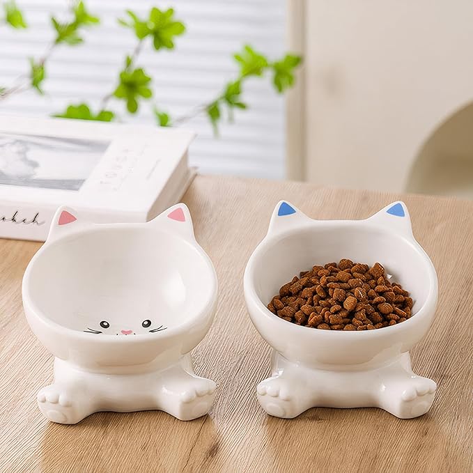 Elevated Cat Bowls, 4.9 Inch Ceramic 3D Raised Cat Food Bowl for Whisker Fatigue, Slanted Cute Kitten Food Bowl & Porcelain Water Dish 4.5 OZ, Anti-Vomiting, Protects Pet’s Spine, 1 Piece