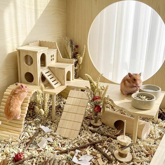 BreezeHug 4 Pcs Hamster Platform Hideout Wooden Tunnel Ladder Playhouse Hamster Game Climbing Toy with Platform Cage Accessories for Small Pets Dwarf Syrian Mice Degus Gerbils Squirrel(Loft)