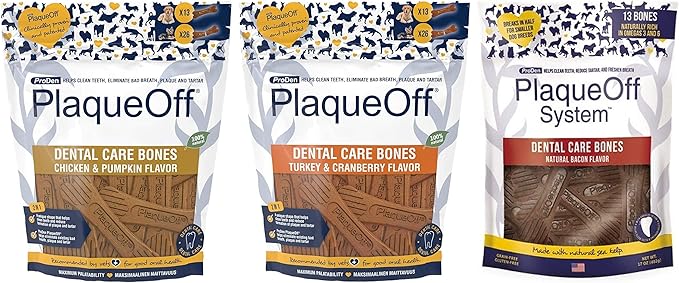 ProDen PlaqueOff 3 Flavor Dental Bone Dog Treat Bundle: Chicken & Pumpkin, Turkey & Cranberry, and Bacon, 17 Ounces Each