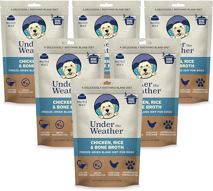 Under the Weather Easy to Digest Bland Diet for Sick Dogs - Always Be Ready - Contains Electrolytes - Gluten Free, All Natural, Freeze Dried 100% Human Grade Meats - 6 Pack Chicken, Rice & Bone Broth