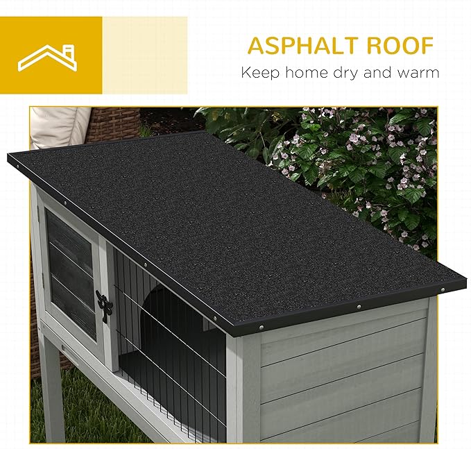 PawHut Elevated Wooden Rabbit Hutch, Indoor/Outdoor Bunny Cage with Hinged Asphalt Roof and Removable Tray for Guinea Pig, Gray