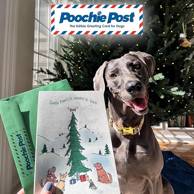 Poochie Post Holiday Edible Greeting Card for Dogs, Bacon-Flavored Christmas Dog Treat Gift with Edible Ink Pen, "Santa Paws Is Coming to Town" Design, Gluten & Grain Free, Made in USA