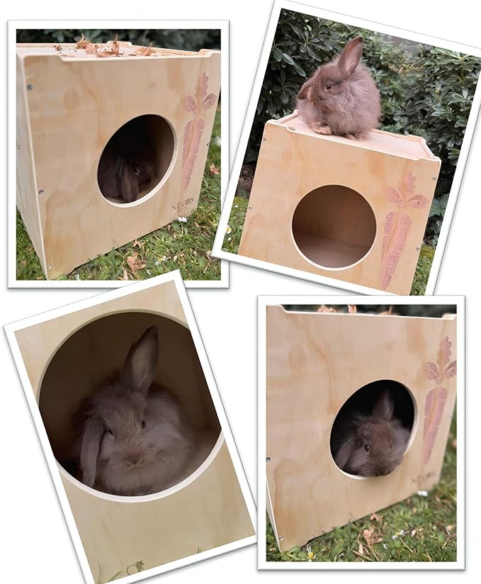 Wooden Rabbit Hideout, Rabbit Bed, Indoor Hutch, Bunny House Pet for Bunnies, Guinea Pigs, Outdoor Shelter Hut, Small Animal Hideaway, Bunny Playground (12.5 x 12.5 in)