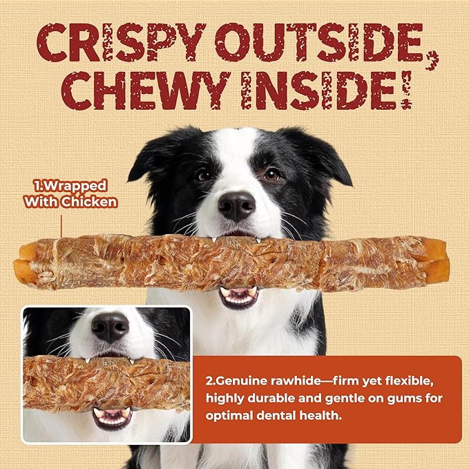 Just Try 2 Packs 13" Large Size Chicken Wrapped Rawhide Dog Chew Sticks - Long Lasting Dog Chews, Dog Treats for Large Dogs, Dog Chews