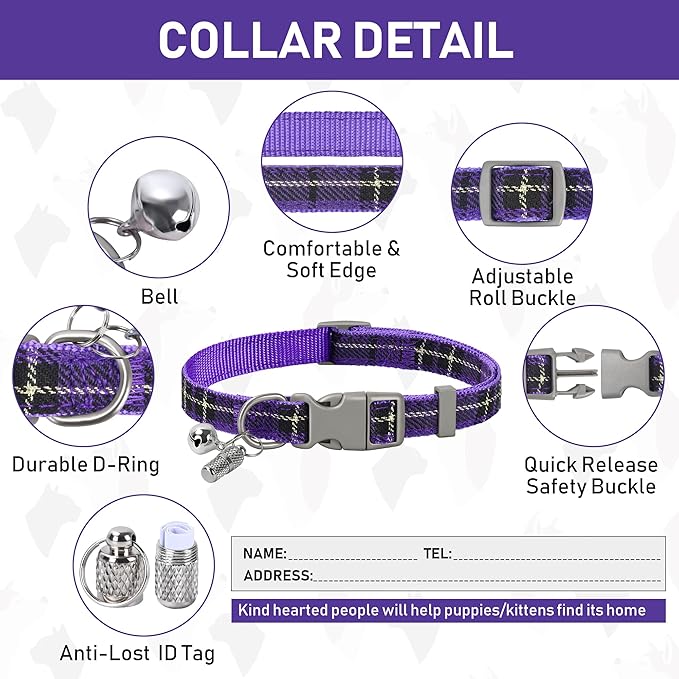 GAMUDA Small Dog Harness Collar and Leash Set, Step in No Chock No Pull Soft Mesh Adjustable Dog Vest Harnesses Plaid Reflective for Dogs Puppy Cats Kitten Rabbit (Warm Purple, L)
