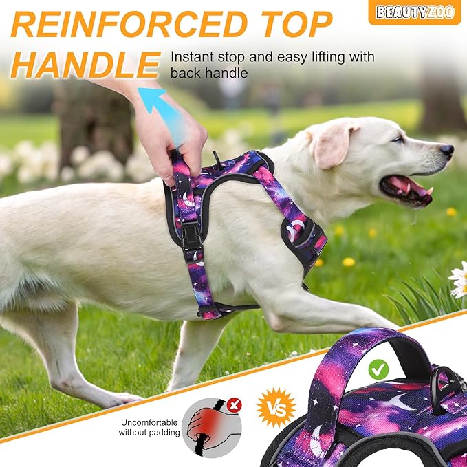 BEAUTYZOO No Pull Dog Harness and Leash Set with 2 Metal Leash Clips - Overhead-Free 3 Snap Buckles Design, Adjustable No-Choke Soft Padded Reflective Oxford Pet Vest for Small Medium Large Dogs, XL