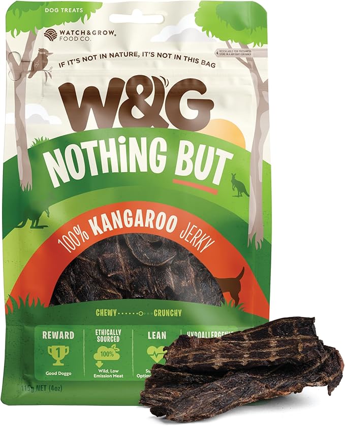 W&G Premium Kangaroo Jerky Dog Treats, All-Natural Single Ingredient Pet Snack, Healthy Training Rewards for Small Large Breeds, Low Fat Hypoallergenic Air-Dried Meat, Grain Free, 5oz