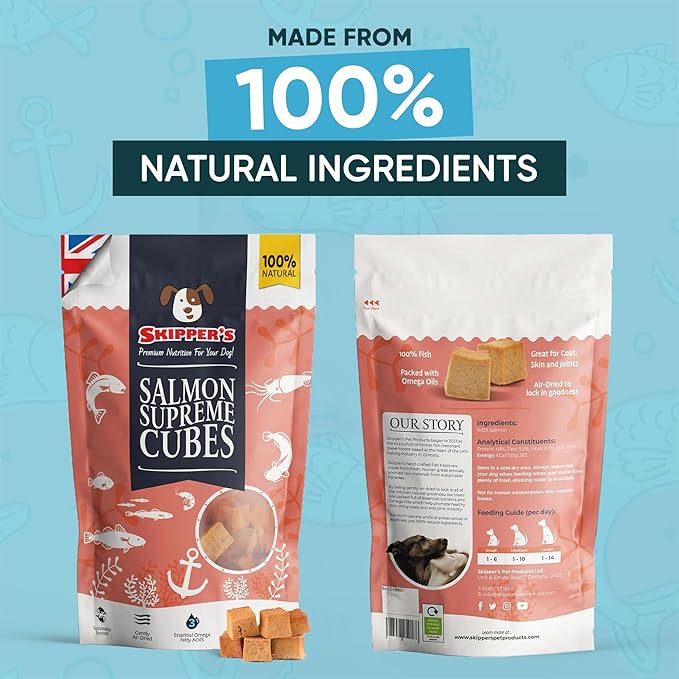 SKIPPER'S Salmon Skin Dog Treats - Gently Air Dried 100% Salmon Skin Treat Good for Cleaning Teeth, Essential Omega 3 Oils, Hypoallergenic (Salmon Supreme Cubes, 250 Grams)