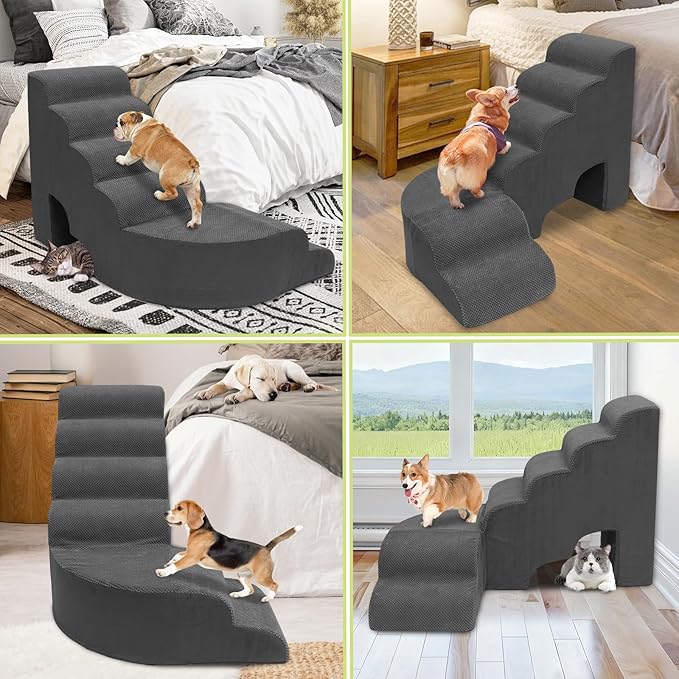 Dog Stairs for High Bed 28-32 Inches Tall, 6 Tier Non-Slip Pet Stairs Adjust to Left Side of Bed, Dog Steps for Small Dogs, Old Pets, and Injured Dogs, Dark Gray