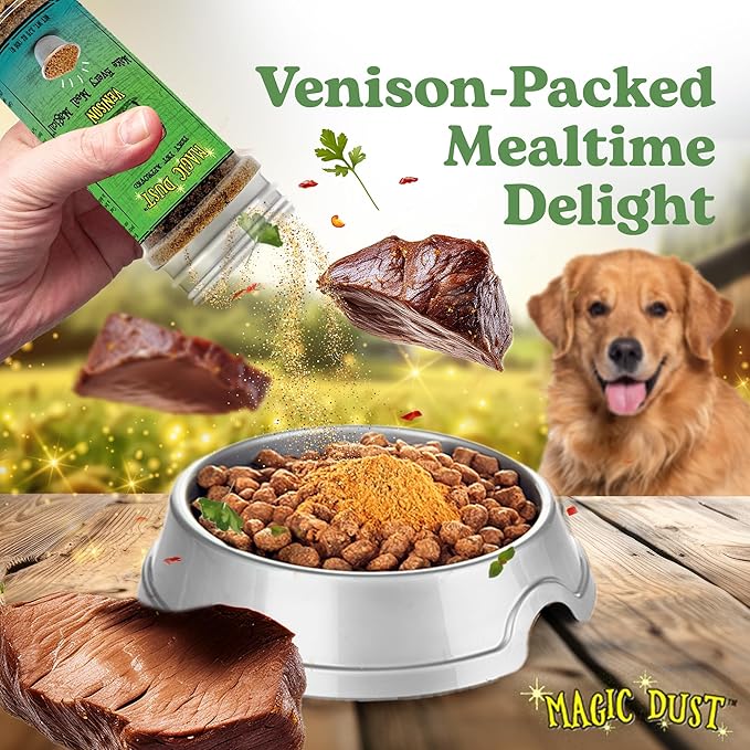 Wild Meadow Farms - Magic Dust Venison Jerky Topper, Single Protein Pet Food Topper for Dogs & Cats, Enhance Flavor & Elevate Mealtime Excitement for Picky Eaters - 3.5 Ounce Bottle in Venison Flavor