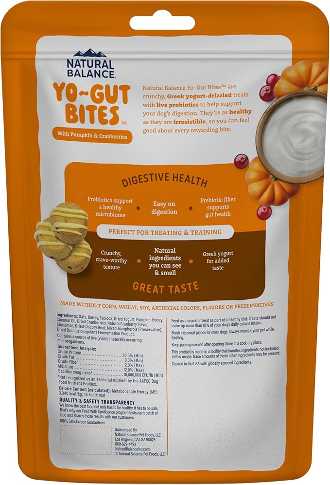 Natural Balance Yo-Gut Bites Crunchy Dog Treats with Real Pumpkin & Cranberries, Greek Yogurt Drizzle, Probiotics for Digestive Support, 10oz Bag