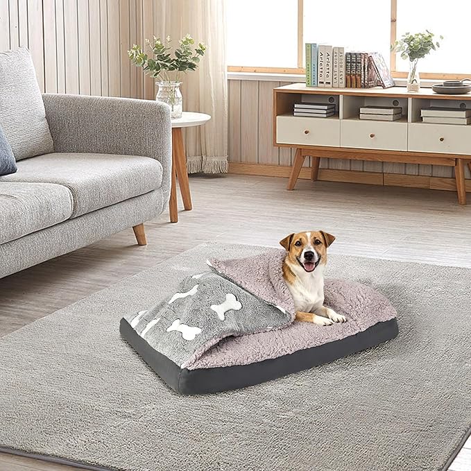 Dog Bed with Cover Pillow Blanket Attached, 30''X20'' Washable Rectangle Hooded Cozy Cave Cat Puppy Calming Crate Bed & Removable Cover, Indoor Covered Kennel Furniture Couch Sofa for Small Medium Pet