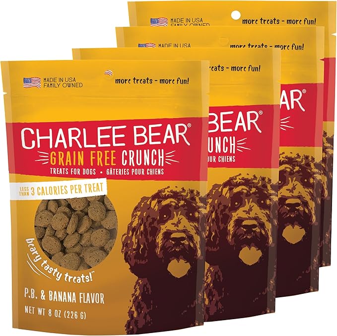 Charlee Bear Crunchy Dog Training Treats, Low Calorie (3 Kcal), Grain Free Natural Mini Dog Treats for Puppies, Small, Medium & Large Dogs, USA Made, Healthy Peanut Butter-Banana Flavor 8oz (4-Pack)