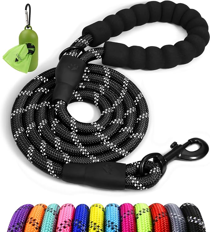 Taglory Rope Dog Leash 4 FT with Comfortable Padded Handle, Highly Reflective Threads Leash and Anti-Tangle Clip for Walking Medium Large Dogs, 1/2 inch, Black