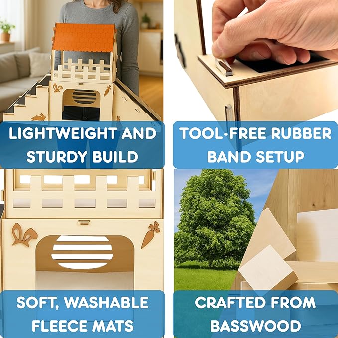 OtterPets Extra Large Bunny Hideout, Cozy Rabbit Castle with Fleece Mats, Wooden Rabbit Hideout, Bunny House Indoor Indoor, Chinchilla, Guinea Pig House
