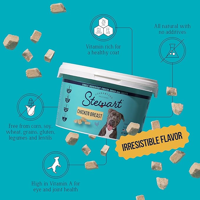 Stewart 100% Chicken Breast Dog Treats, 14.8 oz Tub, ~280 Pieces, Freeze Dried Raw, Ingredient, 74% Protein Training Treats or Meal Topper, Grain Free, Gluten Free, (Pack of 2)