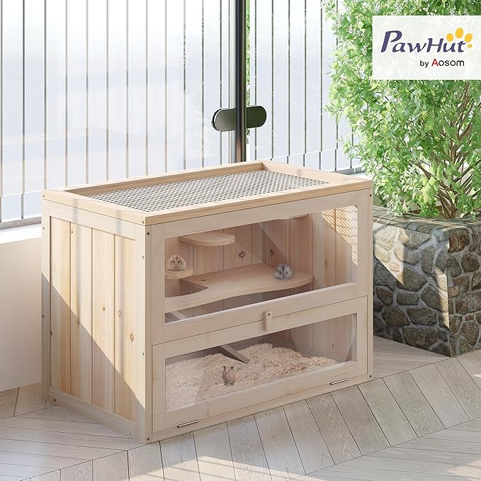 PawHut 2-Level Hamster Cage Mice and Rat House, Small Animal Habitat for Chinchillas with Openable Top, Front Door, Shelf and Ladder, Natural