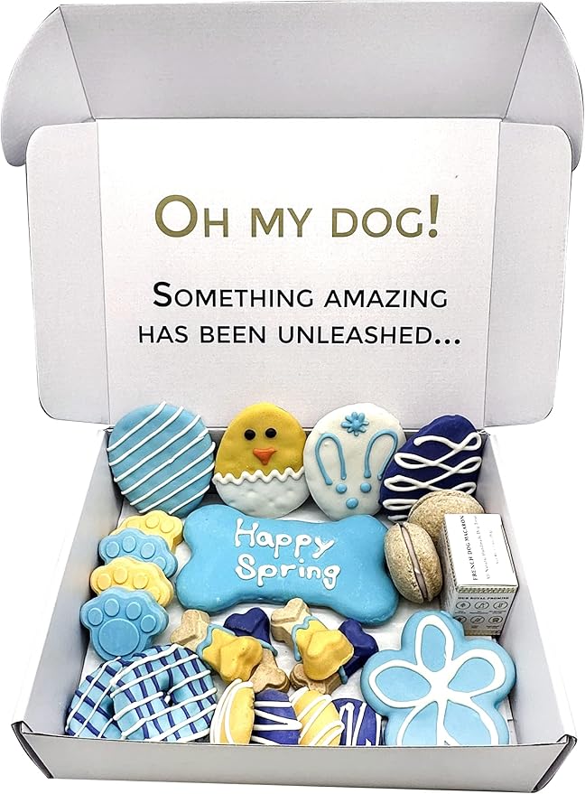 Bonne et Filou Easter Dog Treats Gift Basket Box Human Grade 22 Luxury Snacks with Dog Macarons, Truffles & Bone Cookies, Healthy and Delicious Mix for Medium to Large Dogs