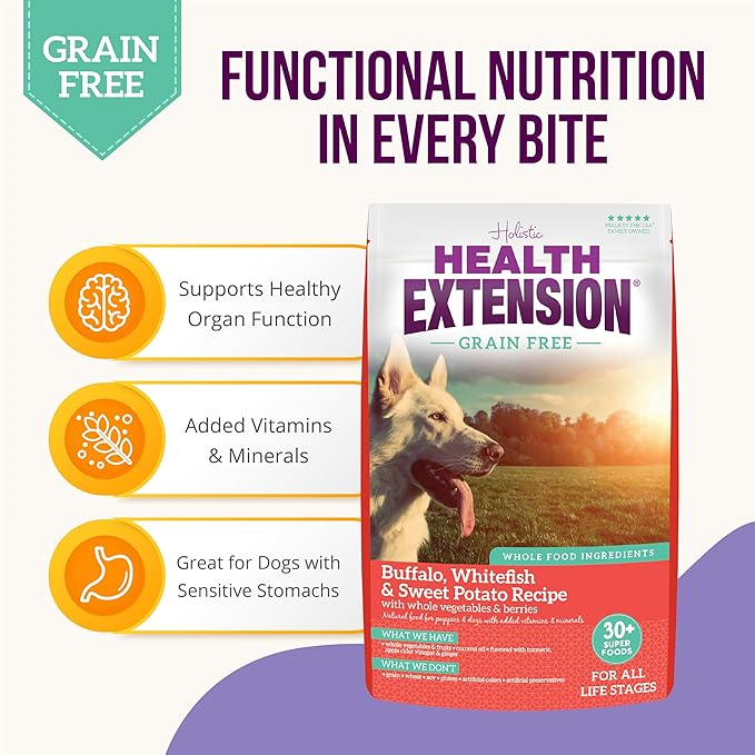 Health Extension Grain Free Buffalo & Whitefish Dry Dog Food - 30+ Superfoods and Probiotics for All Life Stages (4 lb)
