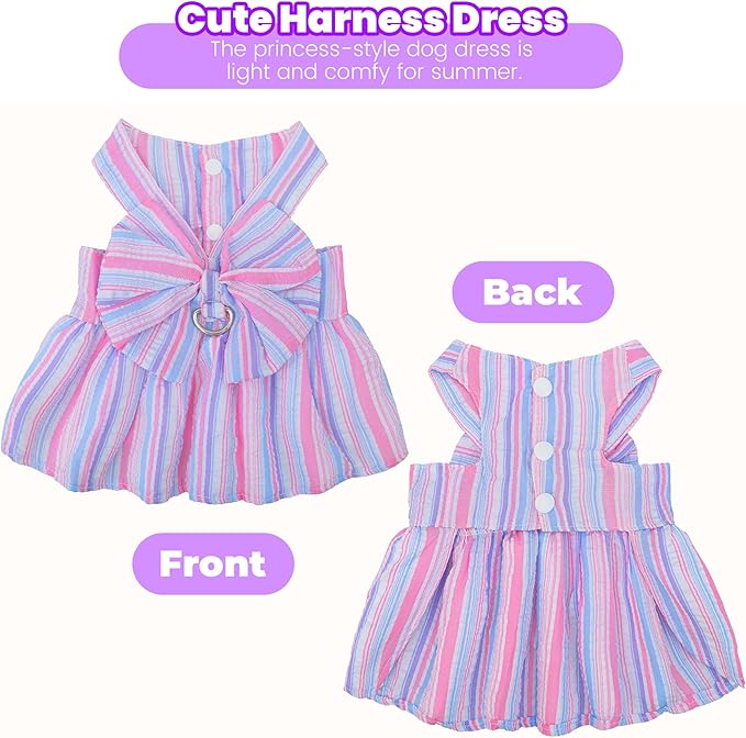 Pet Dog Harness Dress, Cute Striped Pattern with Bow, Princess Puppy Dresses with Button Closure, Summer Dog Clothes for Small Dogs Girl (Purple, Large)