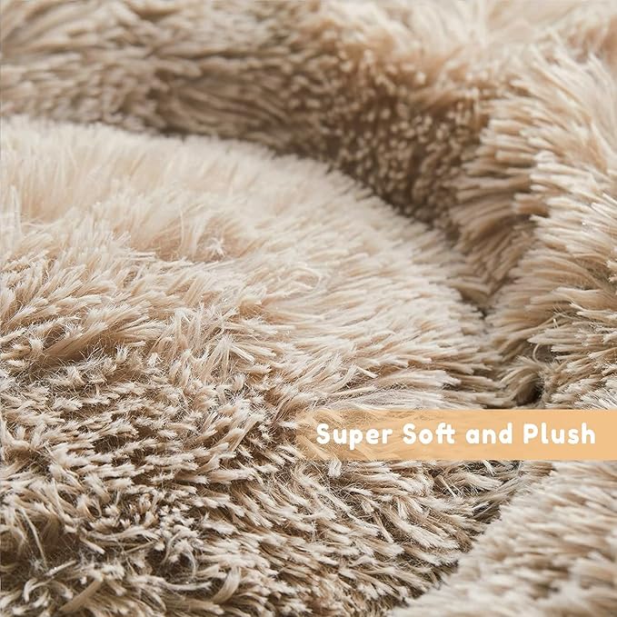 Cat Beds for Indoor Cats - Cat Bed Washable 24 inches, Dog Beds for Small Medium Dogs, Anti Anxiety Round Fluffy Plush Faux Fur Cat Bed, Thick Bottom (Light Brown, Large 24" L x 24" W)