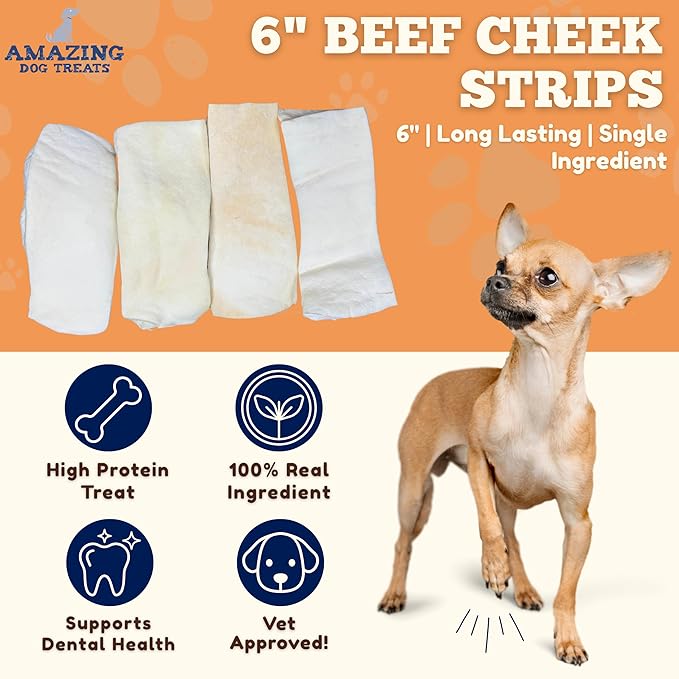 Amazing Dog Treats - Beef Cheek Strips Premium Dog Chew (6 Inch - 6 Pack) - NO Odor - Thick Cut - Rawhide Alternative - Beef Cheek Slice Chip Sticks - No Dyes, Chemicals, or Preservatives