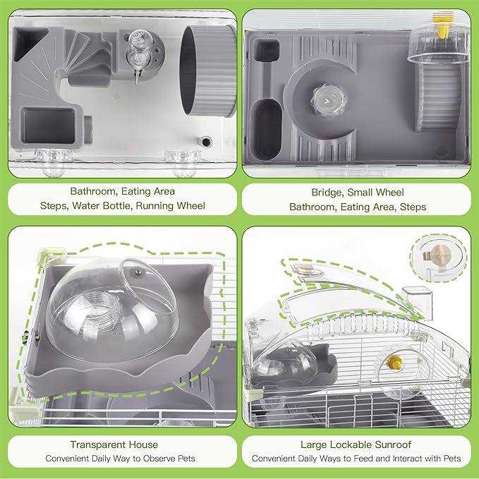 Multilevel Hamster Cage Starter Kit 18″Lx11″Wx23″H for Dwarf Hamster Under 3″ in Length with Platforms, 3 Tube Ports, Bathtub, Food Bowl, Steps, 2 Exercise Wheels, Doors, House, Water Bottle