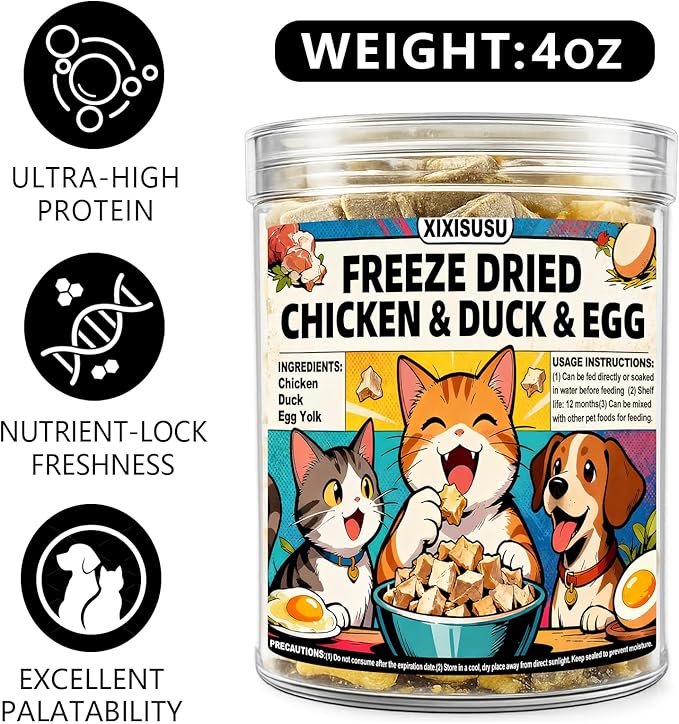 Freeze Dried Chicken Duck & Egg Recipe for Dogs & Cats Treats | 4 oz Canister Freeze Dried Dog Treats | Training Treats for Dogs, Puppies, Kittens & Senior Pets (4 oz)