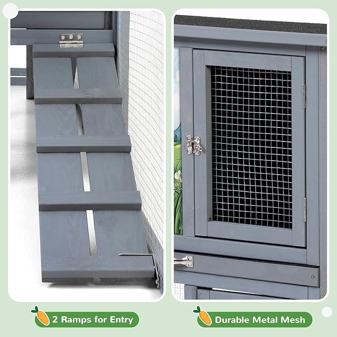 COZIWOW Rabbit Hutch Outdoor, 94.5" Extra Large Bunny Hutch, 2-Story Wooden Rabbit Cage Indoor for 2 or More Bunnies with Pull-Out Tray & Weatherproof Roofs (Grey)