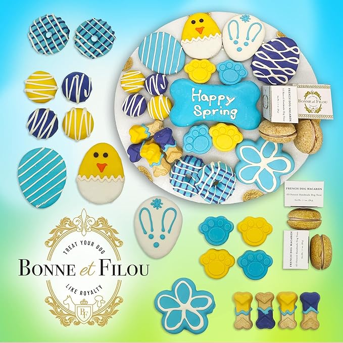 Bonne et Filou Easter Dog Treats Gift Basket Box Human Grade 22 Luxury Snacks with Dog Macarons, Truffles & Bone Cookies, Healthy and Delicious Mix for Medium to Large Dogs
