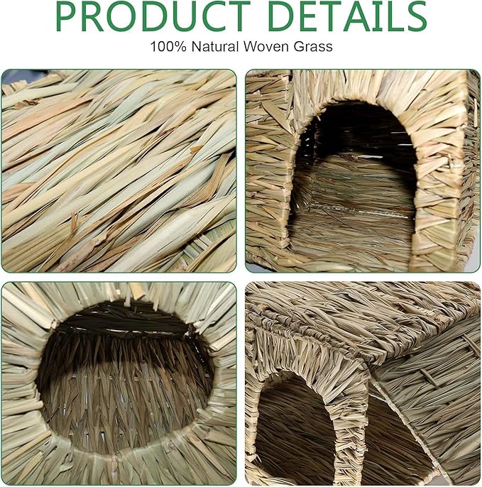 BWOGUE Large Grass House for Guinea Pigs,Hand Woven Straw Hut Foldable Small Animal Play Hideaway Bed with Double Openings Playhouse for Bunny Guinea Pig Chinchilla Ferret(2 Pack)