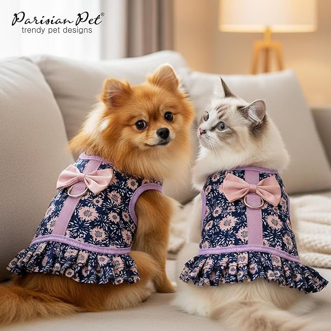 Parisian Pet Floral Dog Harness Dress - Breathable No Pull Puppy Dress with Leash Ring - 100% Mesh Fabric Harnesses for Dogs - Soft Padded Step in Pet Vest - All Weather Dog Harness for Large Dogs