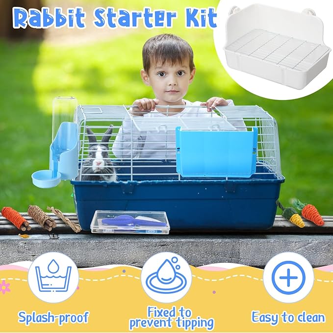 20 Pcs Rabbit Starter Kit Small Bunny Litter Box Animal Grooming Kit with Hanging Pet Bowls Water Bottle Bunny Toys Flannel Blankets with Cleaning Set for Guinea Pig Rabbit Accessories(Blue)