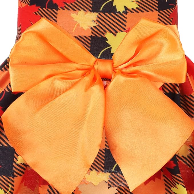 PUPTECK Plaid Dog Dress Pet Apparel for Autumn with Cute Bowtie Puppy Clothes Outfit, Maple Leaf, XS