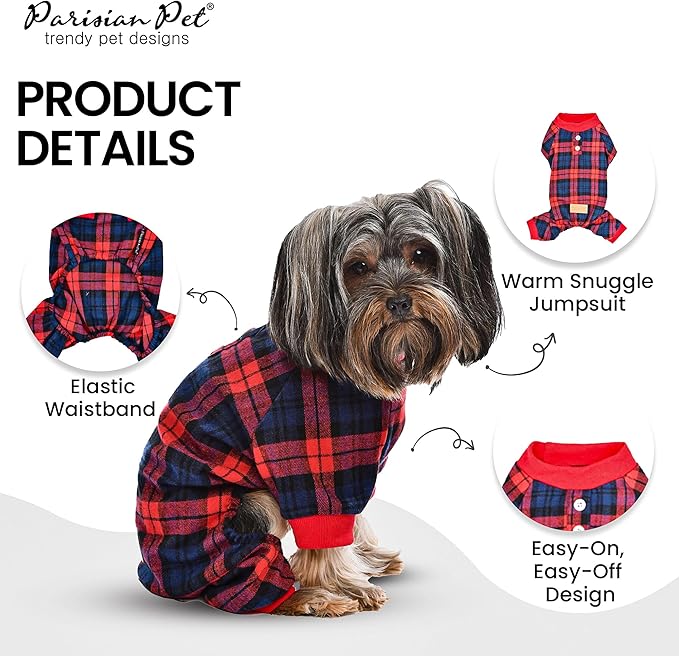 Parisian Pet Red Plaid Stretchable Dog Pajamas - Medium Size - Male Dogs - Cotton Polyester Blend - Machine Washable - Winter Warmth