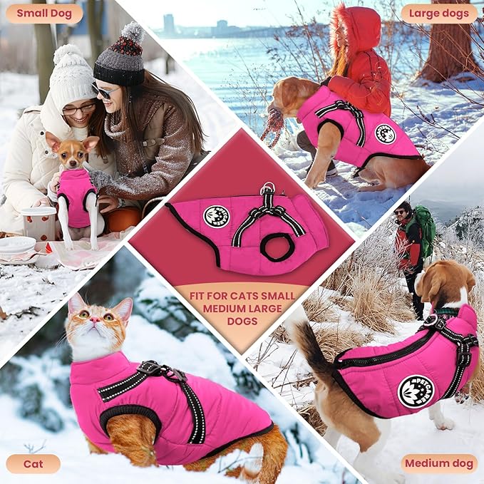 PETCARE Winter Dog Coat with Harness Built in Waterproof Dog Jackets Warm Pet Fleece Vest Windproof Snow Jacket Snowsuit Reflective Dogs Cold Weather Coats for Puppy Small Medium Large Dogs Cats