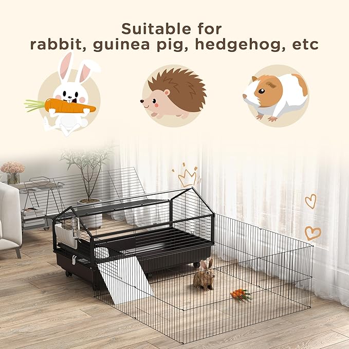 PawHut Small Animal Cage with Foldable Run Area, Rolling Bunny Cage, Guinea Pig Cage with Water Bottle, Water Bowl, and Ramps, 46.5"