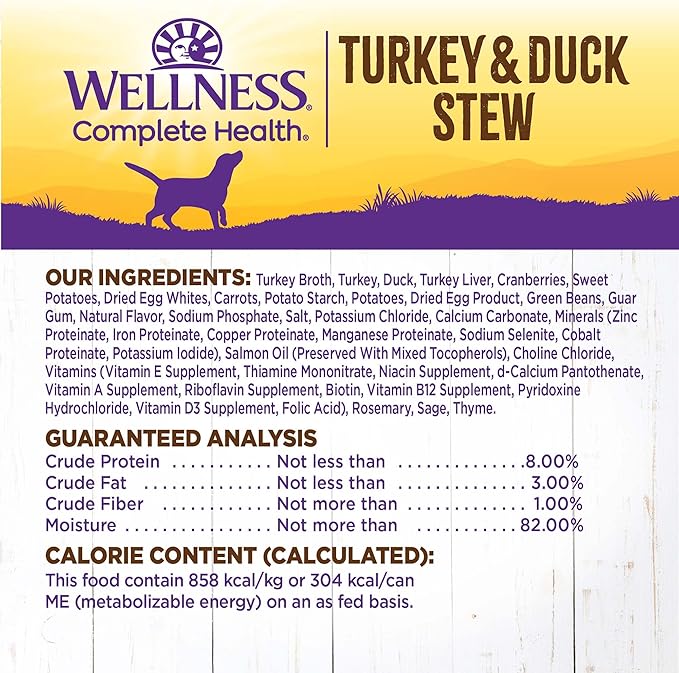 Wellness Complete Health Grain Free Canned Wet Dog Food, Turkey & Duck Stew, 12.5-Ounce Can (Pack of 12)