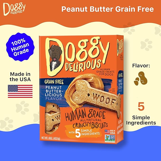 Doggy Delirious Crunchy Dog Treats – All Breeds & Sizes – Natural Puppy Snack – 100% Human-Grade – Grain-Free Peanut Butter Bones – 16 Oz, 1 lb Pack (1)