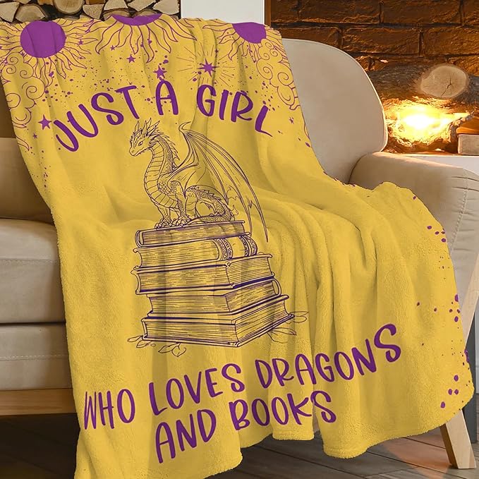 SweetFox Just A Girl Who Loves Dragons and Books Blanket Dragon Decor Throw Blanket Gifts for Girls Boys Lovers Super Warm Soft Plush Fleece Flannel Bedding Blankets for Kids Adults Men Women 50"X40"