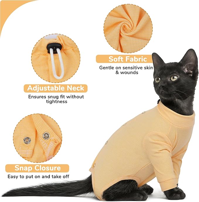 PUMYPOREITY Adjustable Cat Recovery Shirt, Front Leg Injury Suit, Stretchable & Comfortable, Anti-Licking Long Sleeve Wound Cover, Prevents Scratching & Biting, Machine Washable, Orange, S