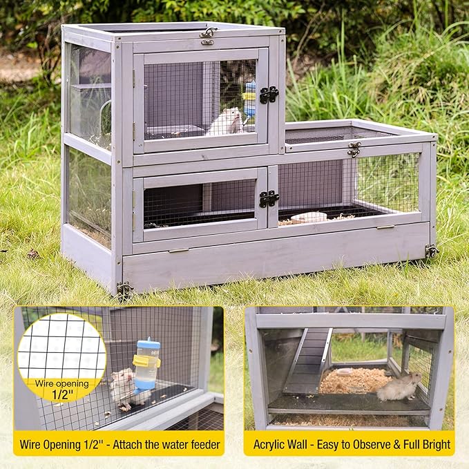 Aivituvin Guinea Pig Cage 2 Levels Wooden Rabbit Hutch with 2.36”Deeper Anti-Chewing Pull Out Tray Rat Cage with Hideout,Aluminium Alloy Edge…
