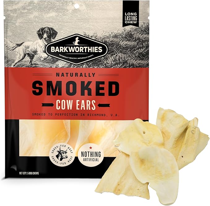 Barkworthies Smoked Cow Ears for Dogs, 5 Count (Pack of 1) - All-Natural, High-Protein Hickory-Smoked Dog Chews - Highly Digestible Treats - Supports Dental Health