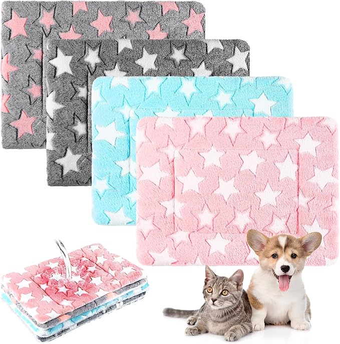 Haull 4 Pcs Waterproof Guinea Pig Bedding Guinea Pig Bed Plush Cage Liners Soft Rabbit Dog Crate Pad Cat Mat Reversible Cozy Animal Pee Pad Hamster Bunny Mat Accessory(Cute Star,18 x 24 Inch)