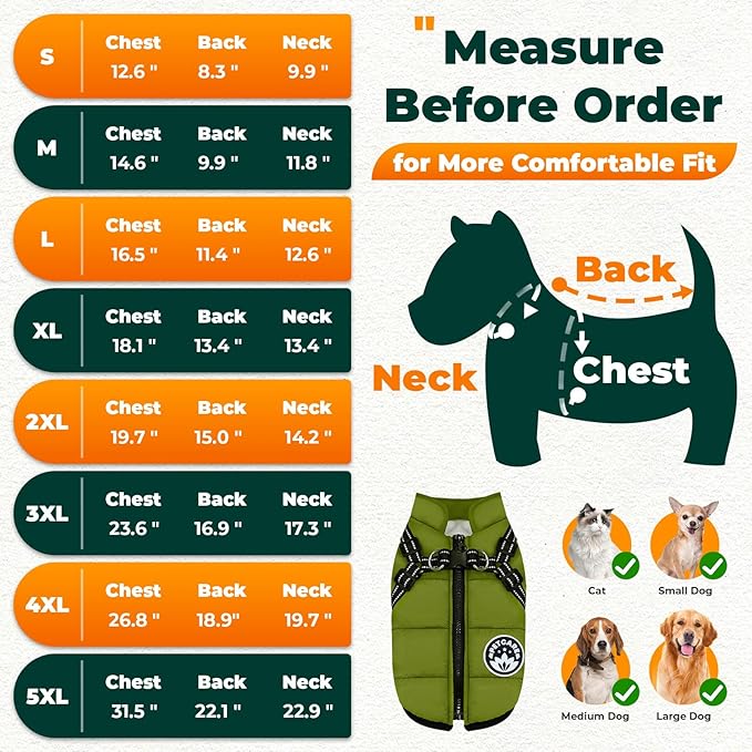 PETCARE Winter Dog Coat with Harness Built in Waterproof Dog Jackets Warm Pet Fleece Vest Windproof Snow Jacket Snowsuit Reflective Dogs Cold Weather Coats for Puppy Small Medium Large Dogs Cats